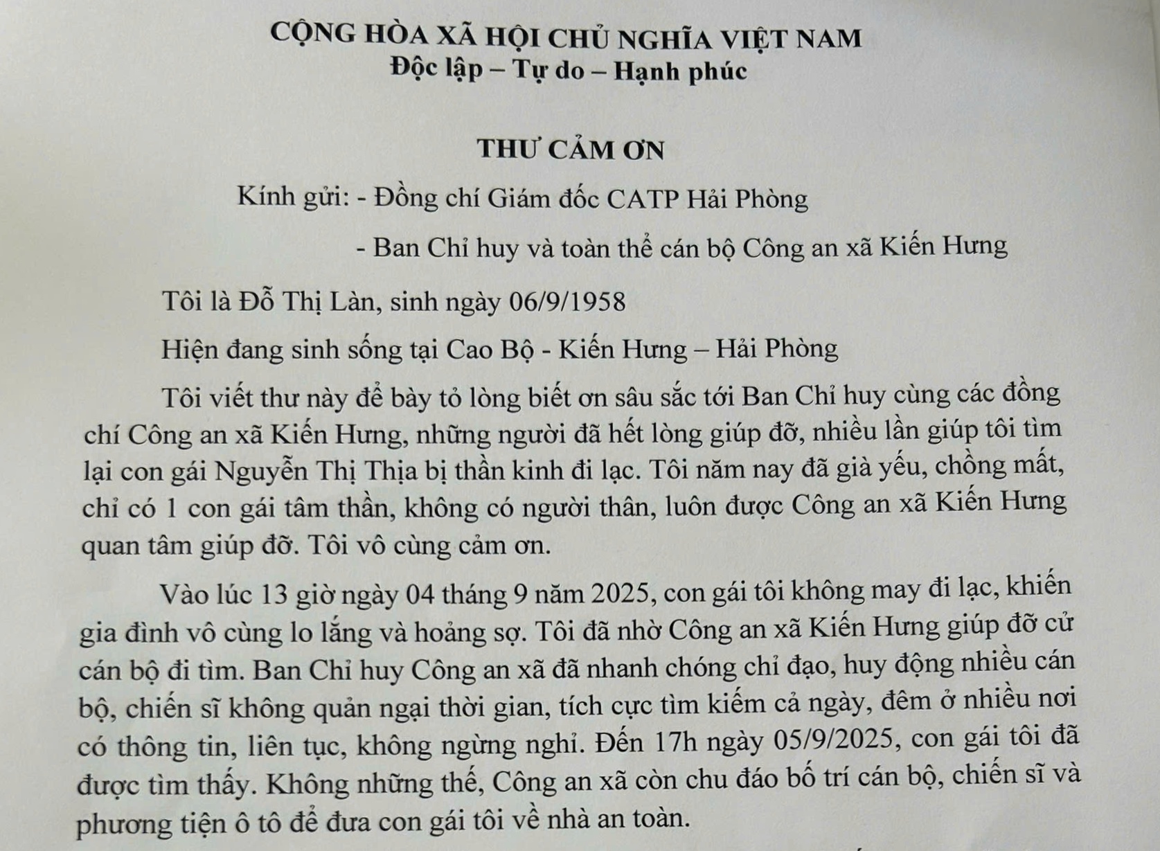 Nhân dân gửi thư cảm ơn Công an xã Kiến Hưng
